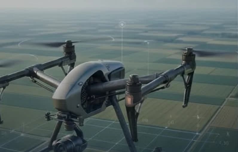 Dron de levantamiento sobrevolando terrenos parcelados